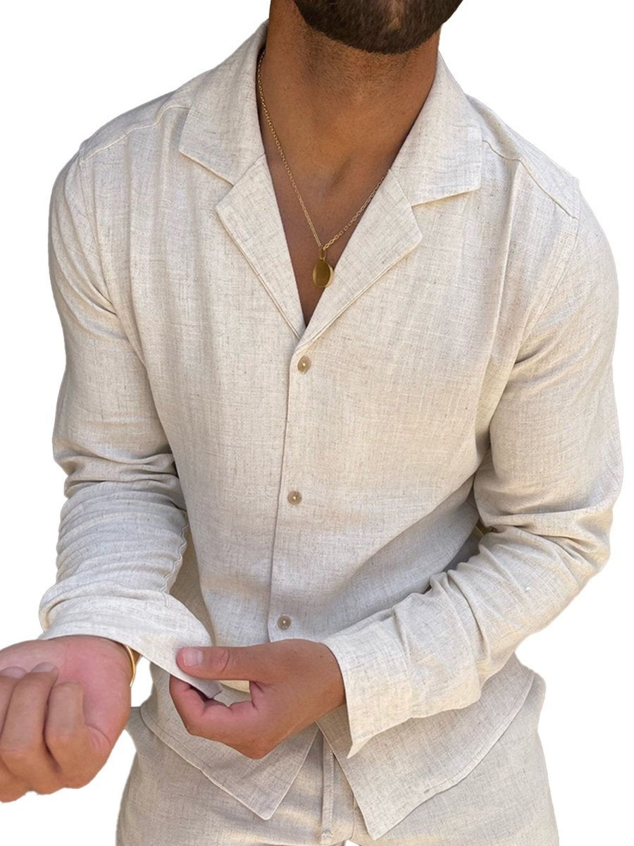 Men QMY Casual Long Sleeve Shirts | Casual Loose Linen Long Sleeve Shirt Beige