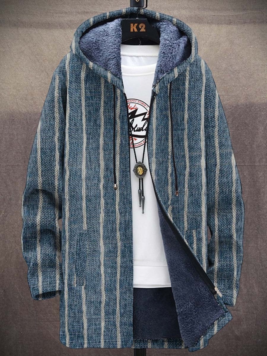 Men DJ Print Jacket | Retro Vertical Stripe Print Double Pocket Hooded Velvet Warm Jacket Gray Blue