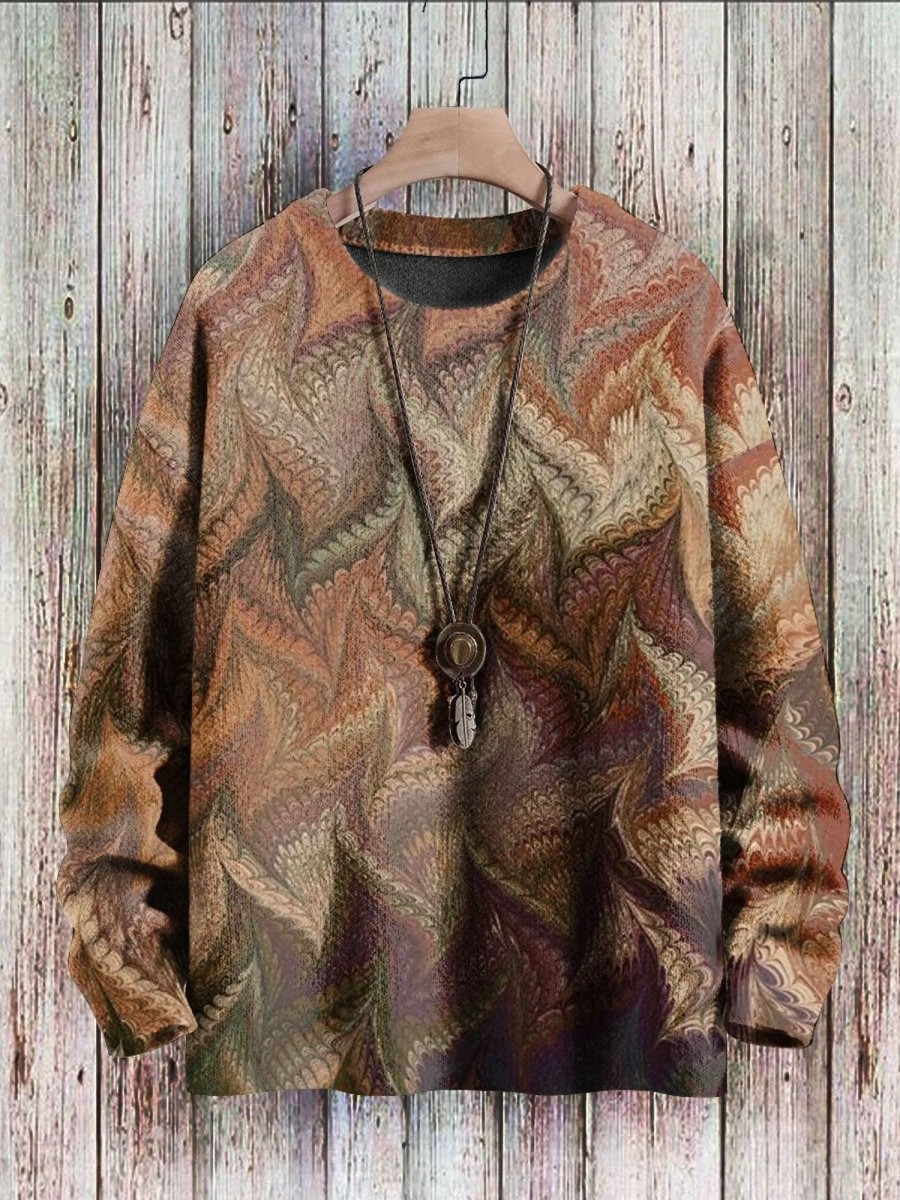 Men BXL Print Sweater | Men'S Casual Loose Retro Marble Wave Print Pullover Sweater 75110859Xl Coffee Color