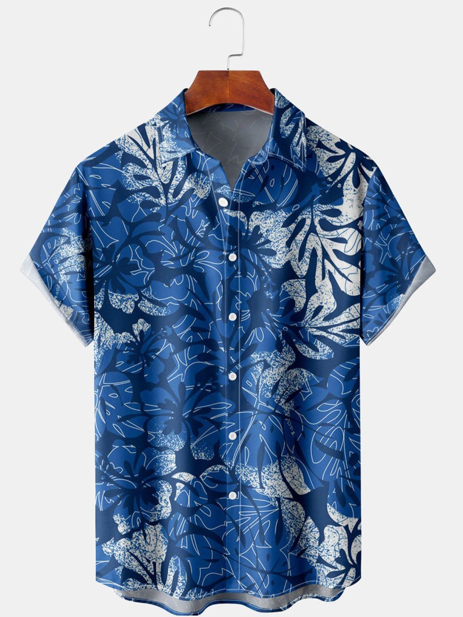 Men HLJ Shirts | Men'S Hawaiian Blue Botanical Print Short Sleeve Shirt Sapphire