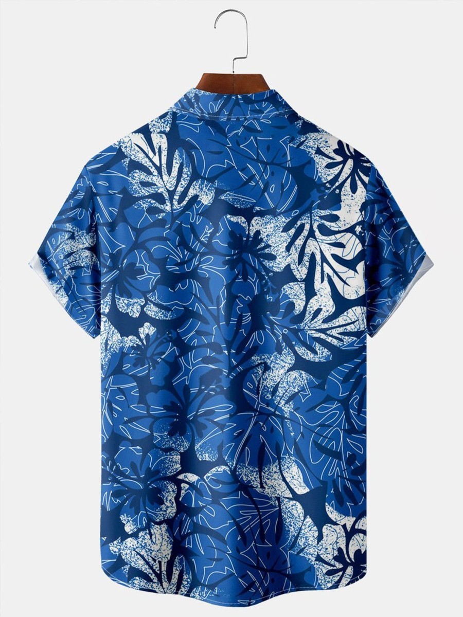 Men HLJ Shirts | Men'S Hawaiian Blue Botanical Print Short Sleeve Shirt Sapphire