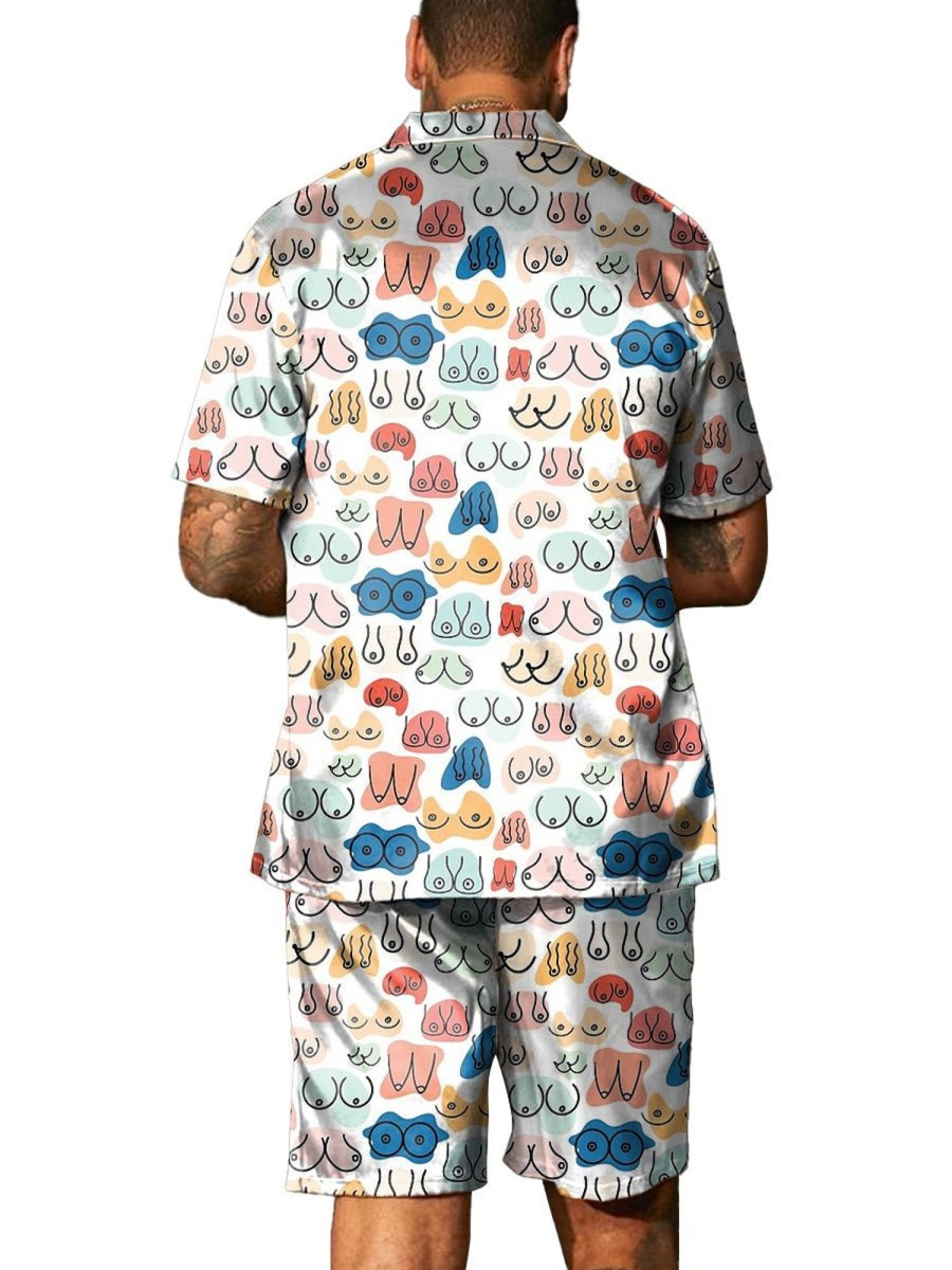 Men DJ Set | Retro Colorful Boobs Printed Short Sleeve Shirt And Shorts Two Piece Set Photo Color