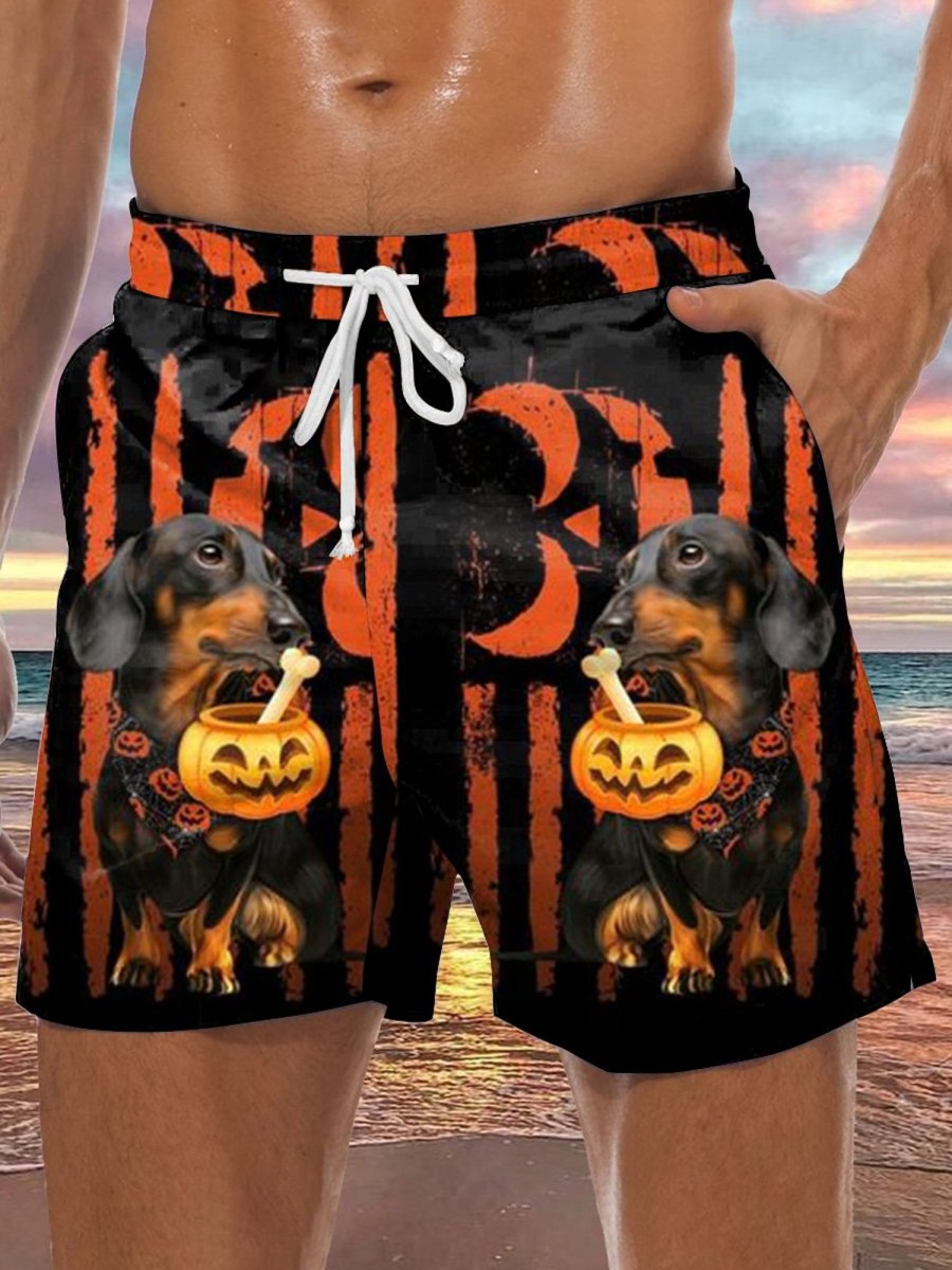 Men LJC Bottoms | Pumpkin Dachshund Print Hawaiian Track Shorts Photo Color