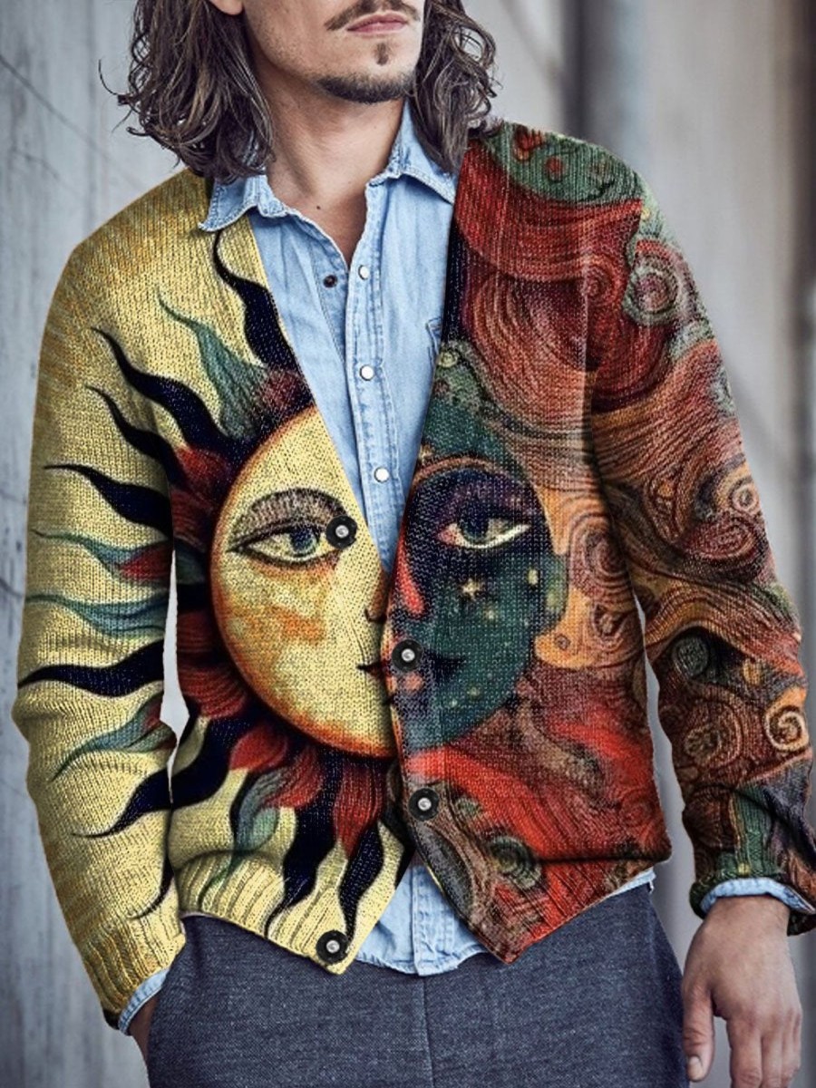 Men DJ Print Cardigan | Colorful Abstract Art Sun Print V-Neck Knitted Cardigan Photo Color