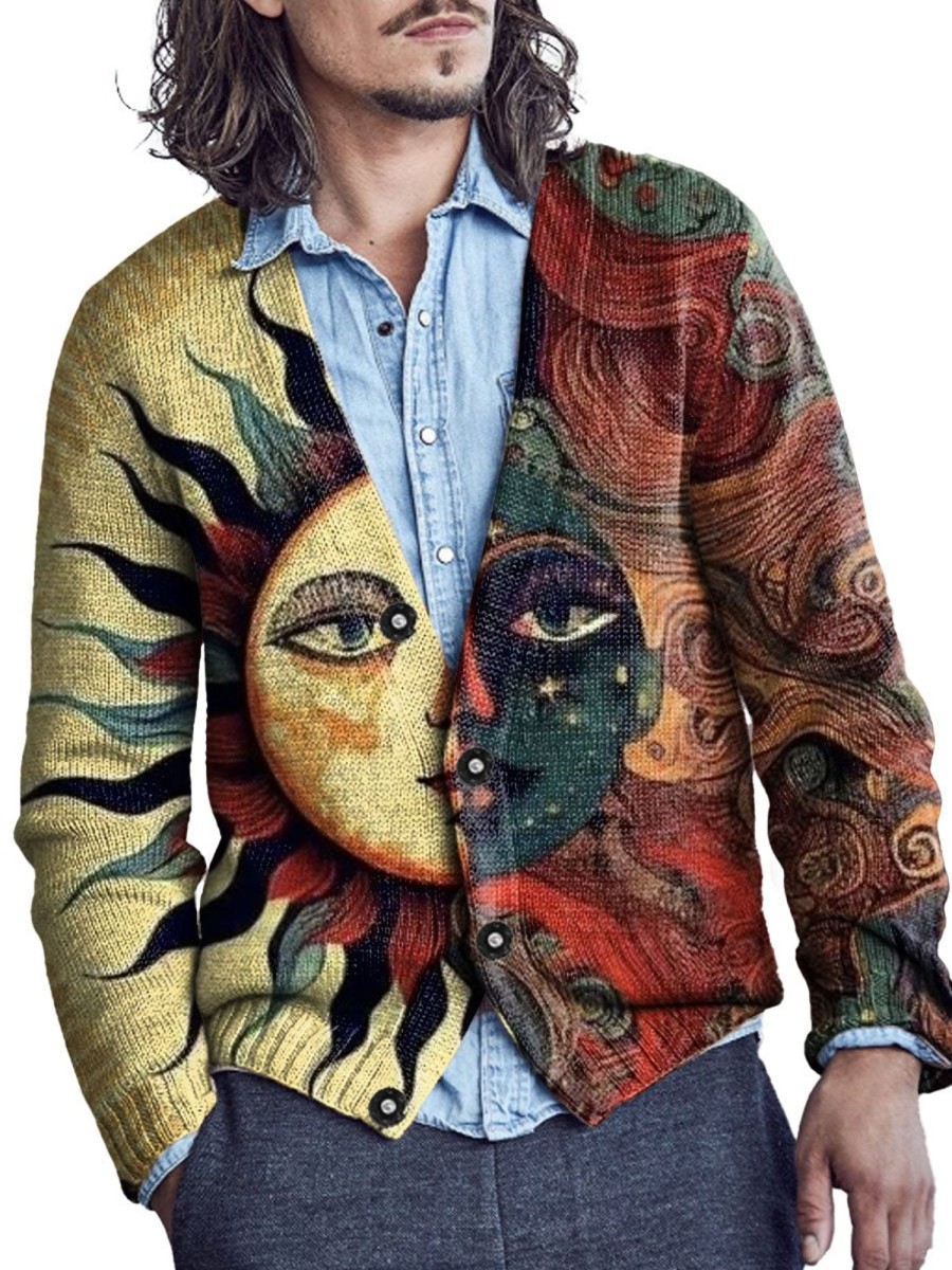 Men DJ Print Cardigan | Colorful Abstract Art Sun Print V-Neck Knitted Cardigan Photo Color