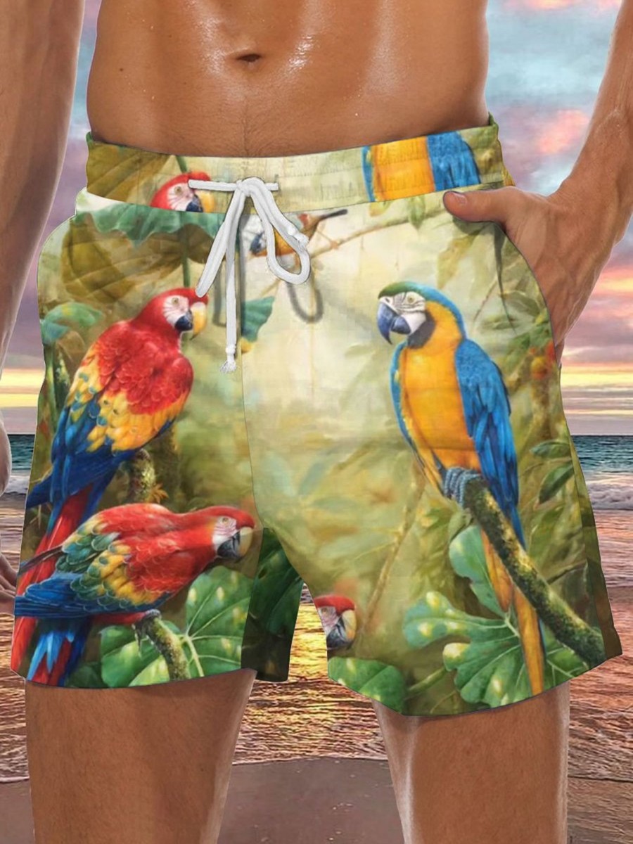 Men HLJ Shorts | Hand-Painted Oil Painting Colorful Parrot Drawstring Beach Shorts Light Yellow