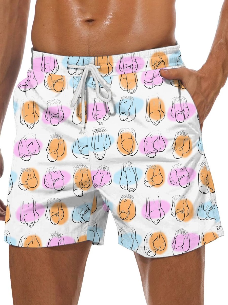 Men GYJ Shorts | Colorful Cocks Print Track Shorts White