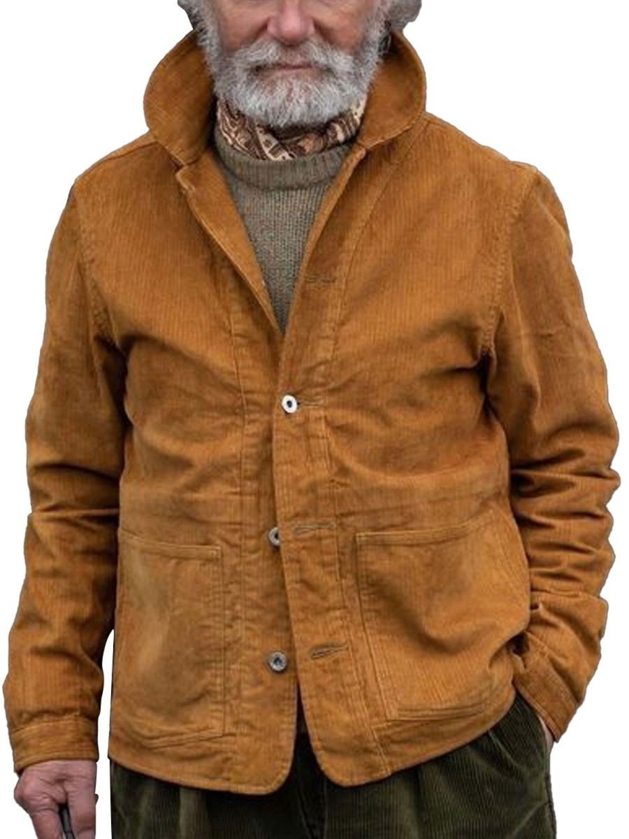 Men BXL Jacket | Men'S Solid Color Corduroy Casual Pocket Jacket Orange