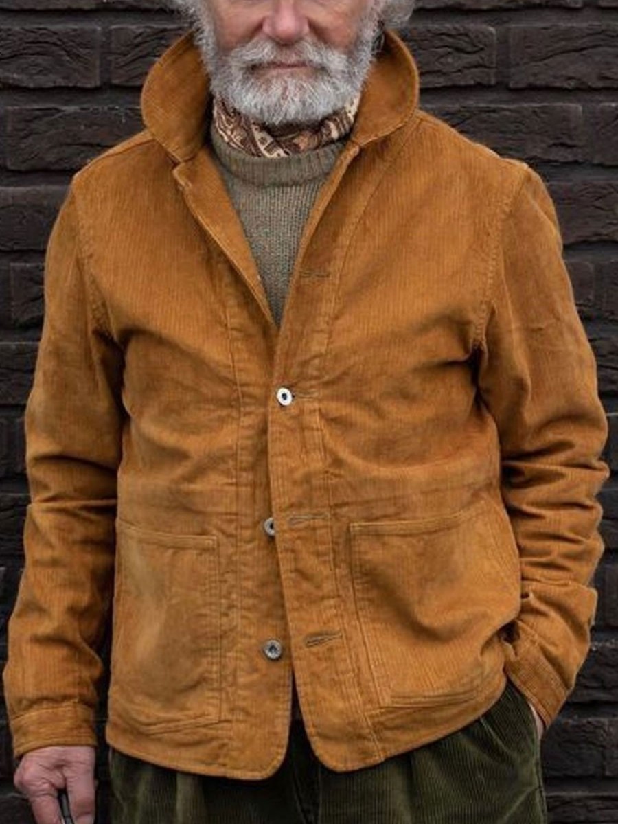 Men BXL Jacket | Men'S Solid Color Corduroy Casual Pocket Jacket Orange