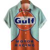 Men HLJ Shirts | Gulf Racing Retro Poster Print Casual Short Sleeve Shirt Light Blue