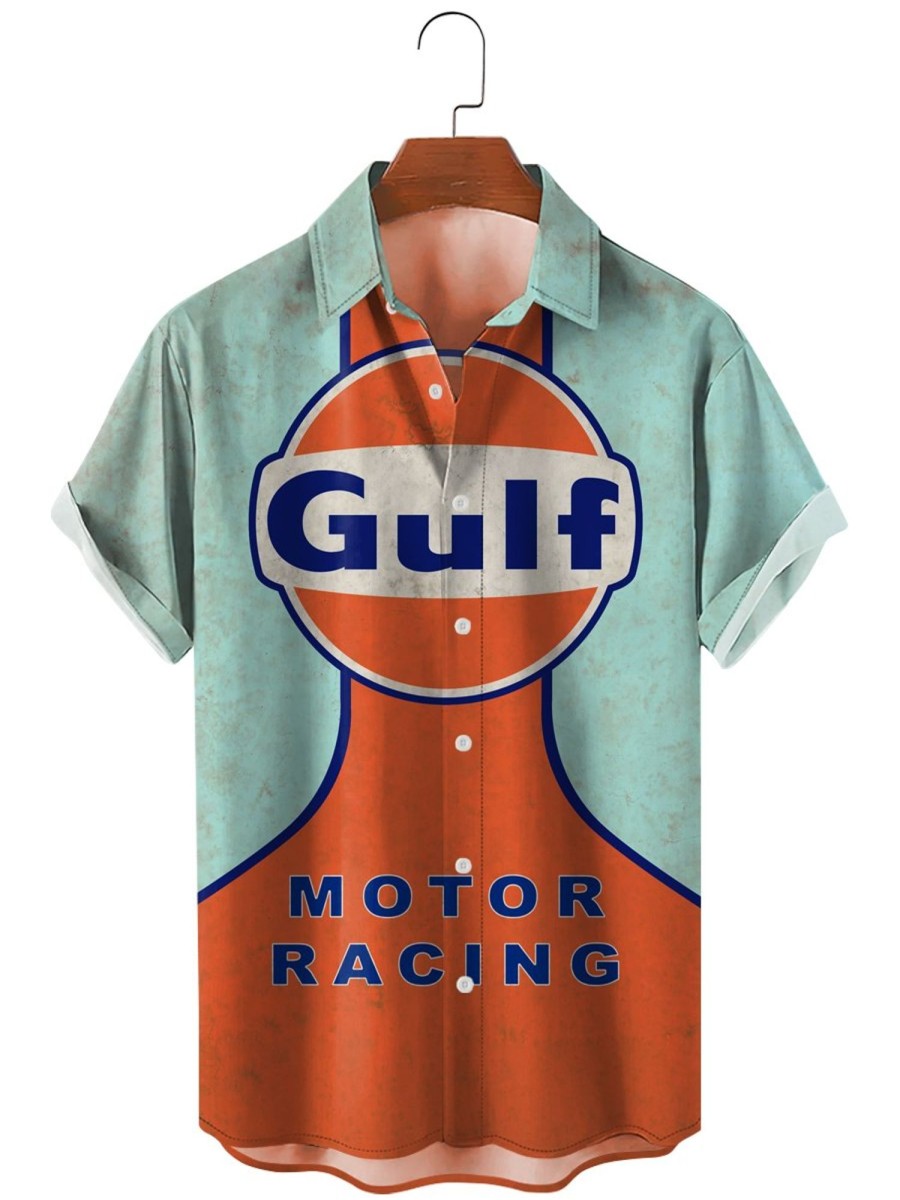 Men HLJ Shirts | Gulf Racing Retro Poster Print Casual Short Sleeve Shirt Light Blue