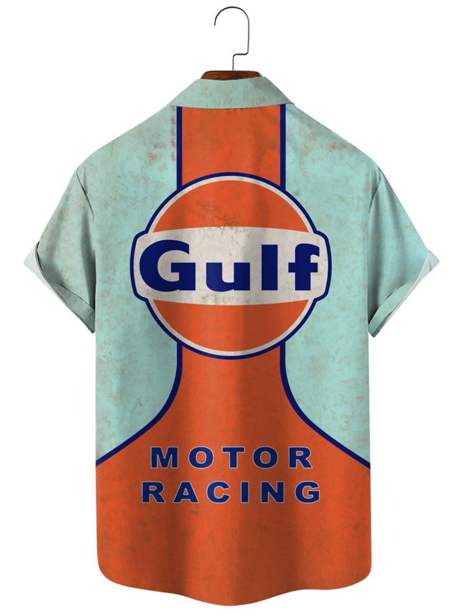 Men HLJ Shirts | Gulf Racing Retro Poster Print Casual Short Sleeve Shirt Light Blue