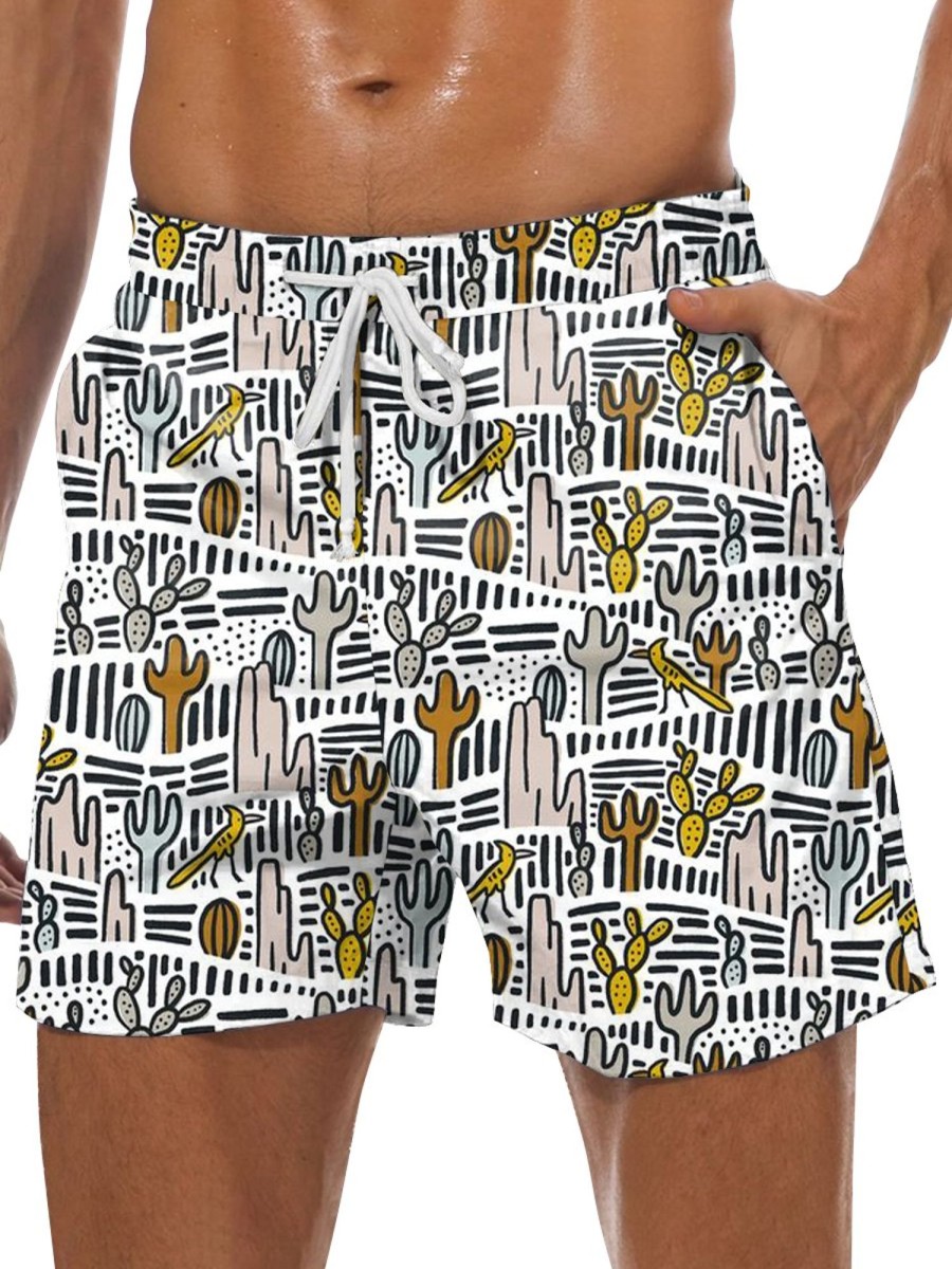 Men GYJ Bottoms | Cactus Print Hawaiian Lounge Shorts White