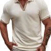 Men DJ Casual Short Sleeve Shirts | Contrast Color V-Neck Versatile Casual Short-Sleeved T-Shirt Beige