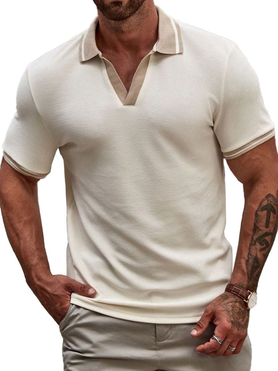 Men DJ Casual Short Sleeve Shirts | Contrast Color V-Neck Versatile Casual Short-Sleeved T-Shirt Beige