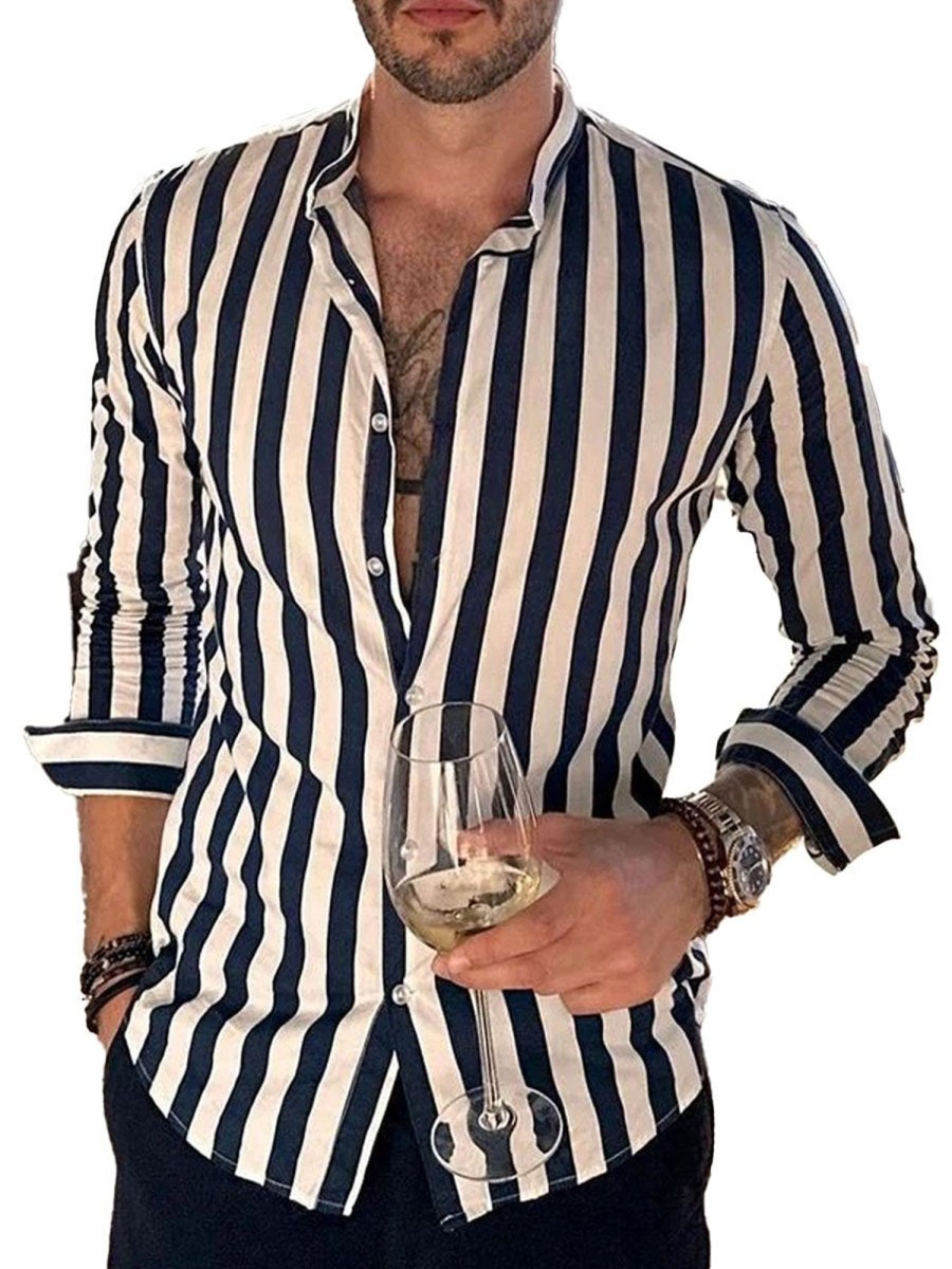 Men DJ Casual Long Sleeve Shirts | Retro And White Striped Casual Long Sleeve Shirt Black