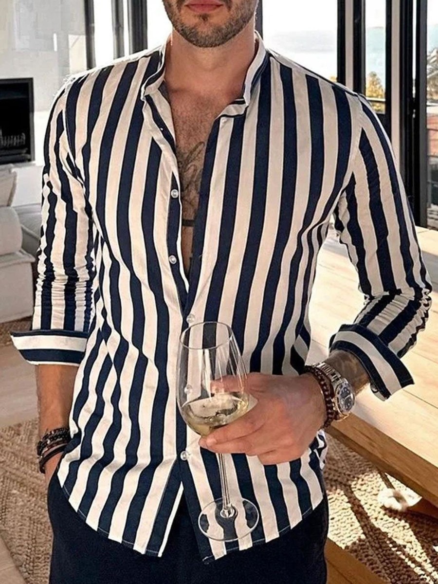 Men DJ Casual Long Sleeve Shirts | Retro And White Striped Casual Long Sleeve Shirt Black