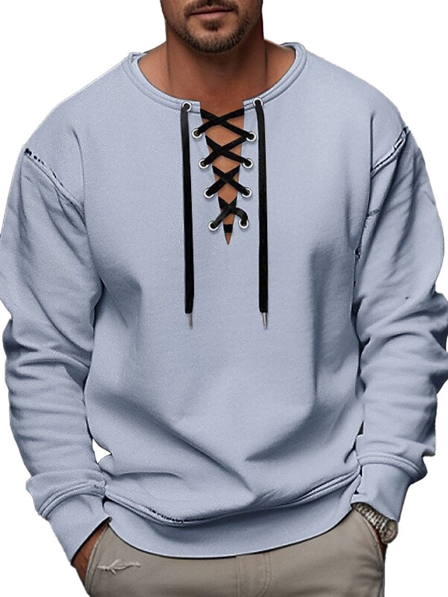 Men QMY Casual Hoodie | Casual Drawstring Neck Long Sleeve Sweatshirt Light Blue