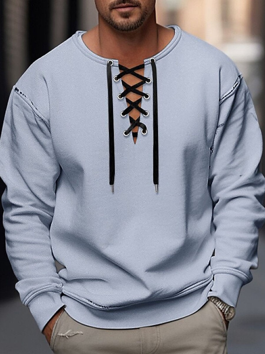 Men QMY Casual Hoodie | Casual Drawstring Neck Long Sleeve Sweatshirt Light Blue