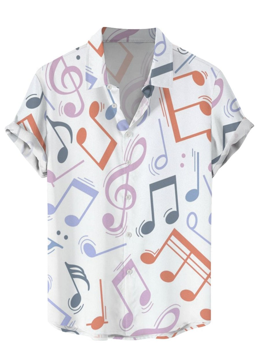 Men QMY Shirts | Refreshing Music Score Printed Short-Sleeved Shirt Photo Color