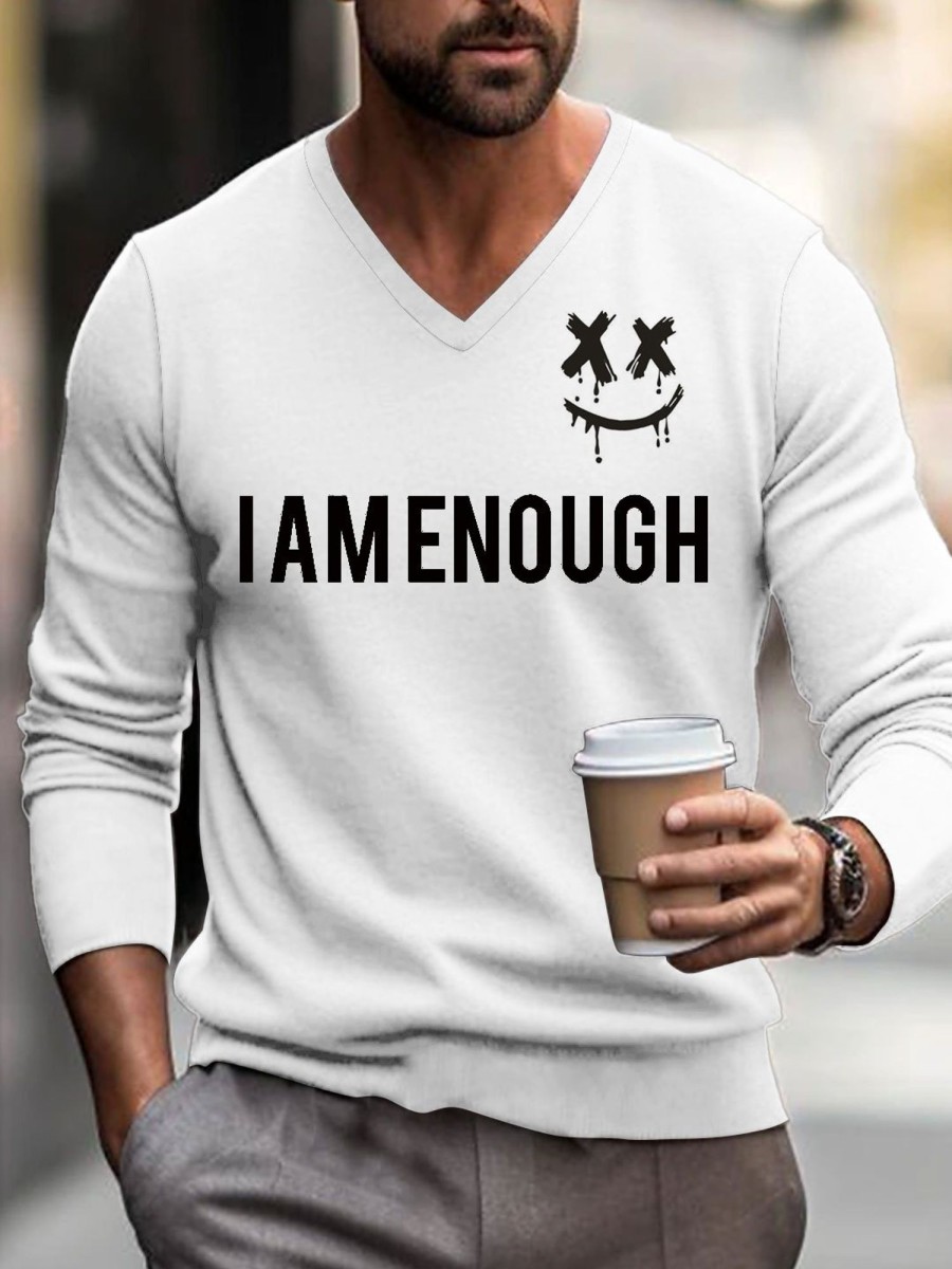 Men BXL Print Sweater | Men'S Casual I Am Enough Smiley Face Printed V-Neck Pullover Sweater 77109520Xl