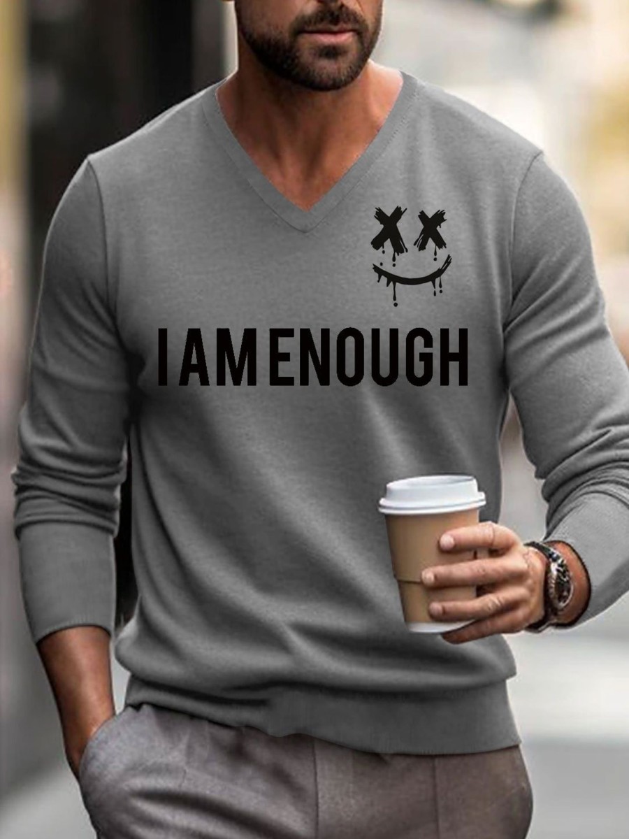 Men BXL Print Sweater | Men'S Casual I Am Enough Smiley Face Printed V-Neck Pullover Sweater 77109520Xl