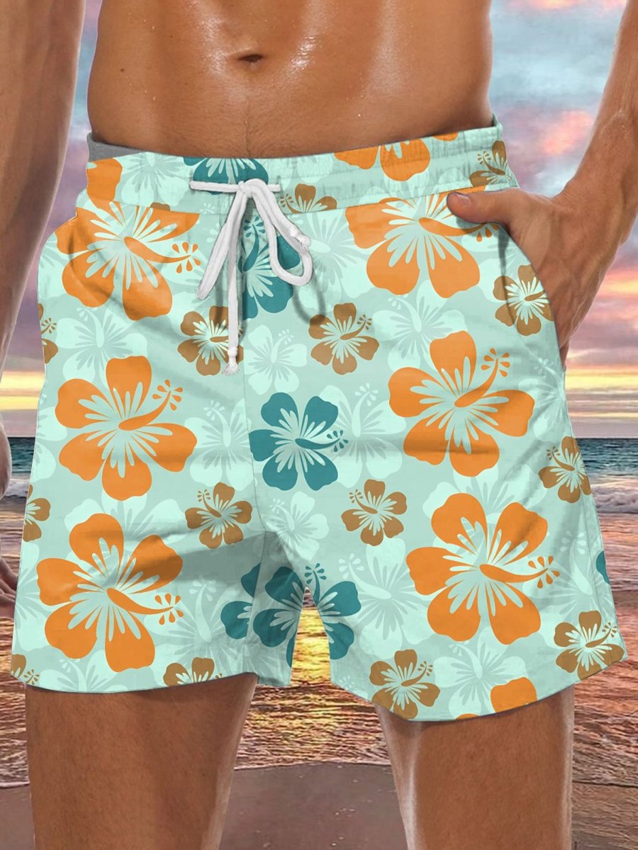 Men DJ Bottoms | Hawaiian Hibiscus Print Pocket Tie Shorts Green