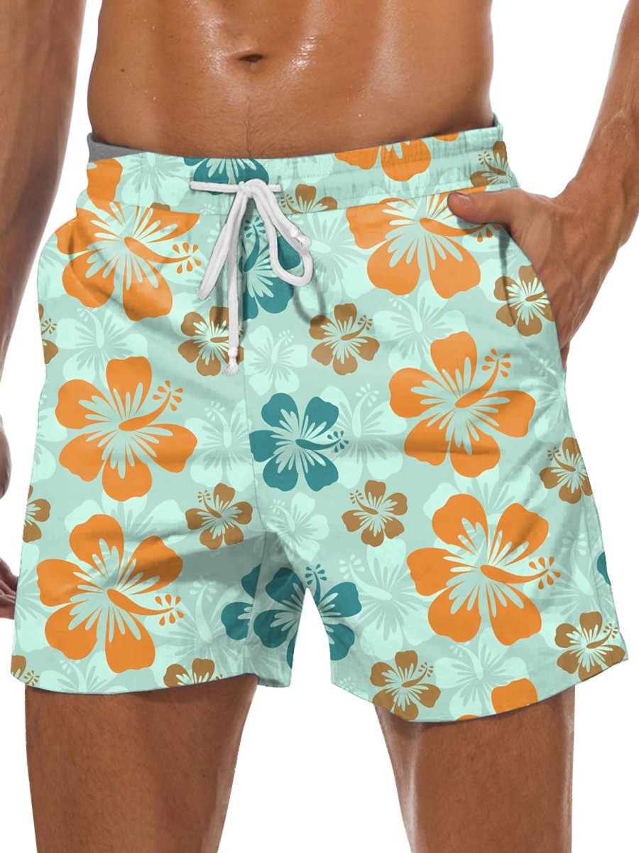 Men DJ Bottoms | Hawaiian Hibiscus Print Pocket Tie Shorts Green