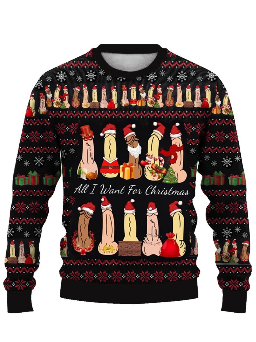 Men DJ Ugly Sweater | Christmas Cocks Happy Printed Casual Crew Neck Sweatshirt Photo Color