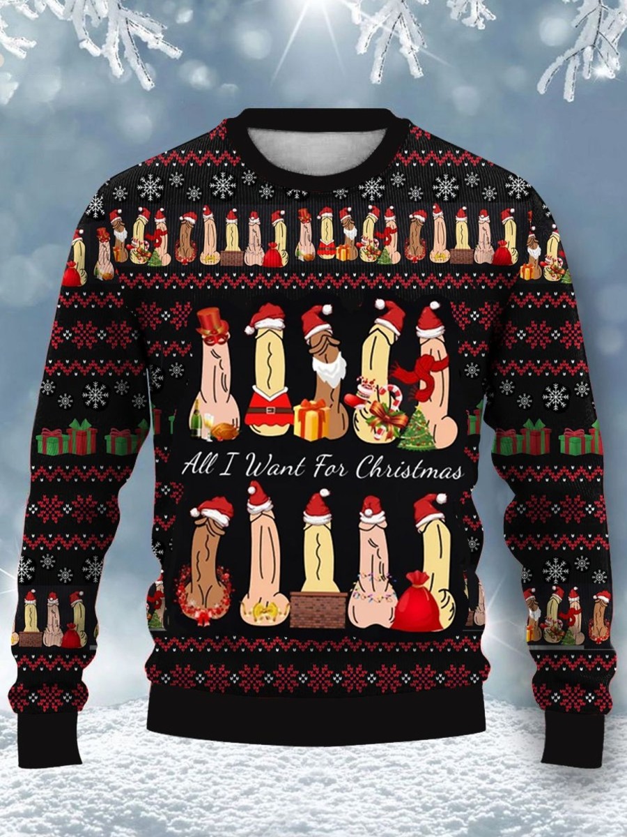 Men DJ Ugly Sweater | Christmas Cocks Happy Printed Casual Crew Neck Sweatshirt Photo Color