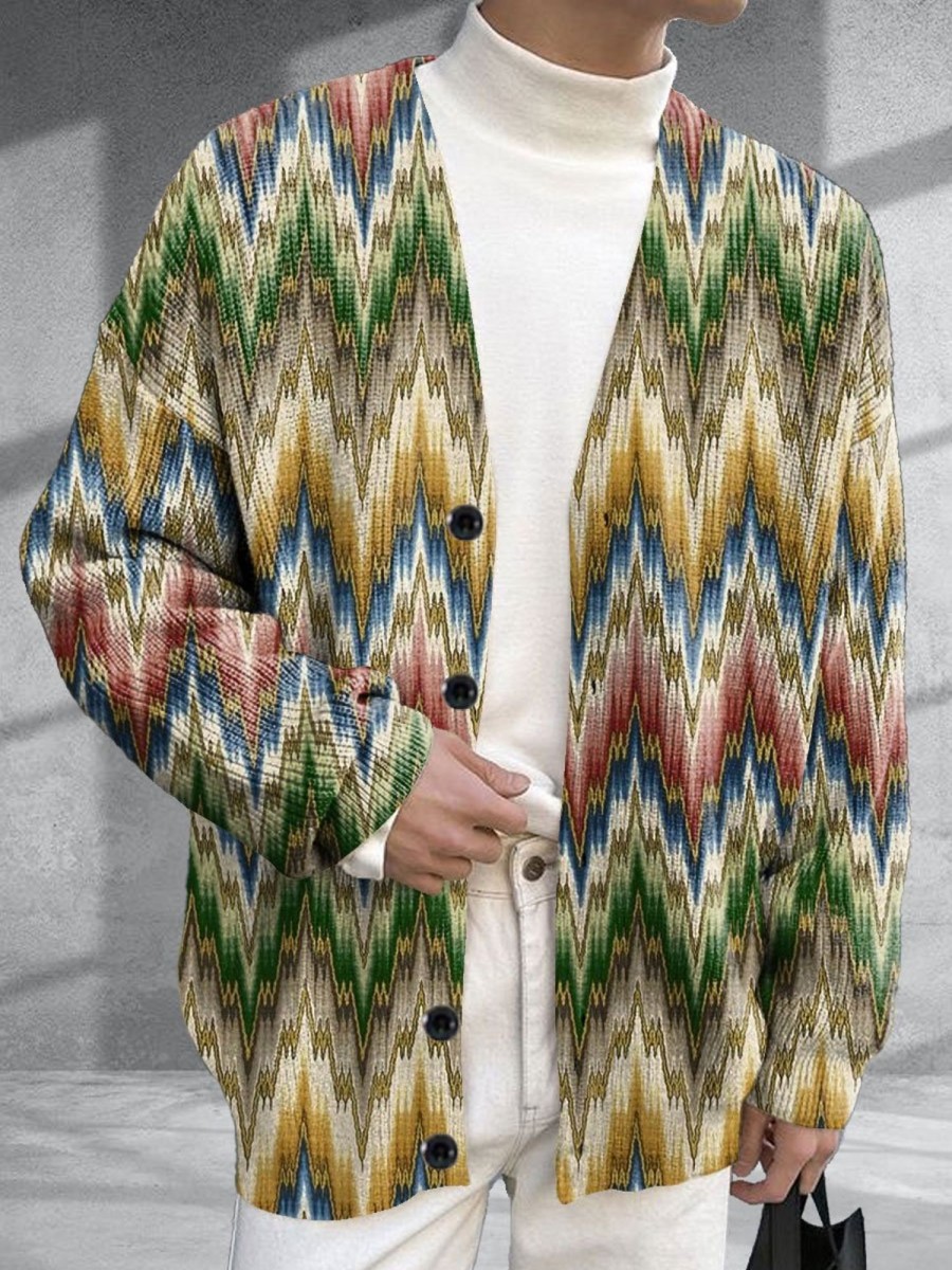 Men BXL Print Cardigan | Men'S Casual Gold Thread Ethnic Print Single Breasted Sweater Cardigan 59575782Xl