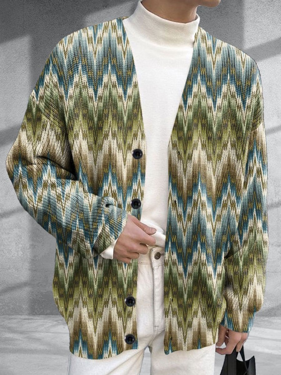 Men BXL Print Cardigan | Men'S Casual Gold Thread Ethnic Print Single Breasted Sweater Cardigan 59575782Xl