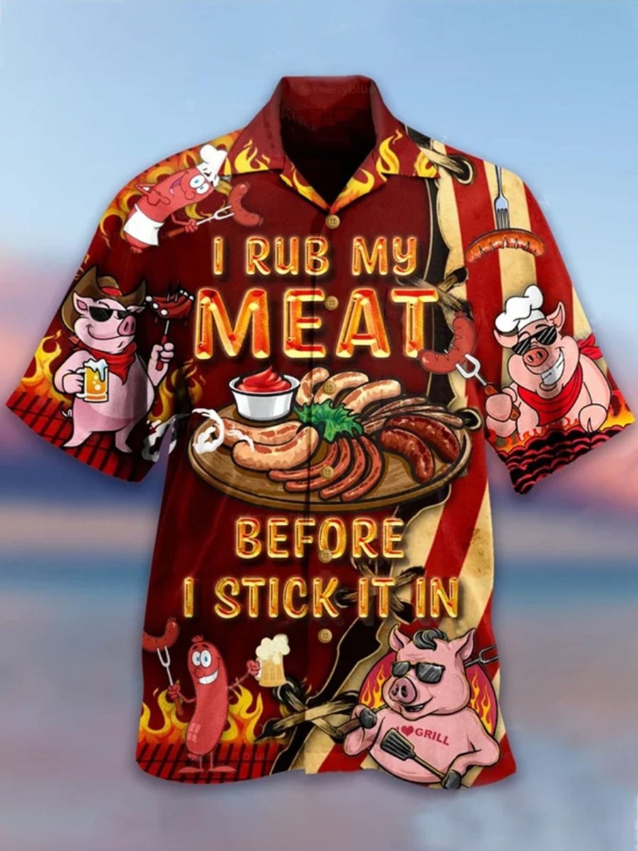 Men HWT Shirts | Casual Pig I Rub My Meat Before I Stick It In Bbq Lovers Hawaiian Shirt Red