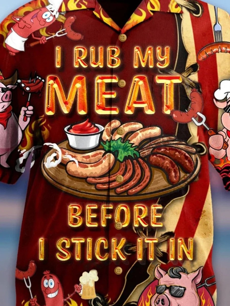 Men HWT Shirts | Casual Pig I Rub My Meat Before I Stick It In Bbq Lovers Hawaiian Shirt Red