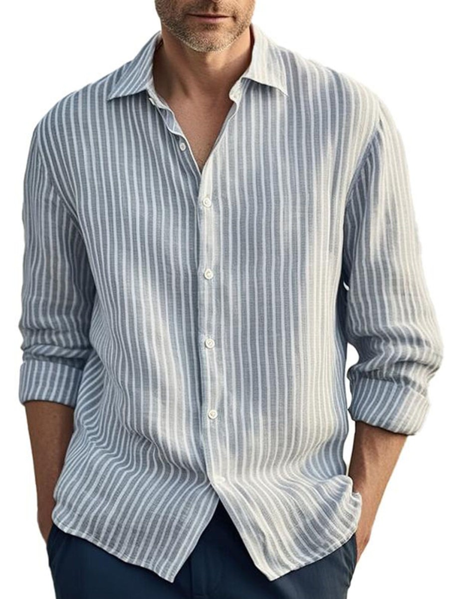 Men QMY Casual Long Sleeve Shirts | Men'S Casual Striped Long Sleeve Shirt Blue