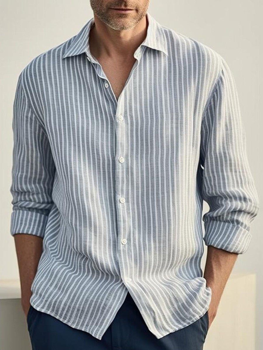 Men QMY Casual Long Sleeve Shirts | Men'S Casual Striped Long Sleeve Shirt Blue