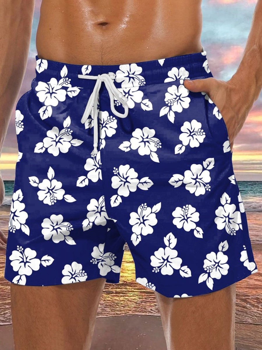 Men DJ Bottoms | Men'S Hibiscus Print Double Pocket Lace Up Shorts Navy