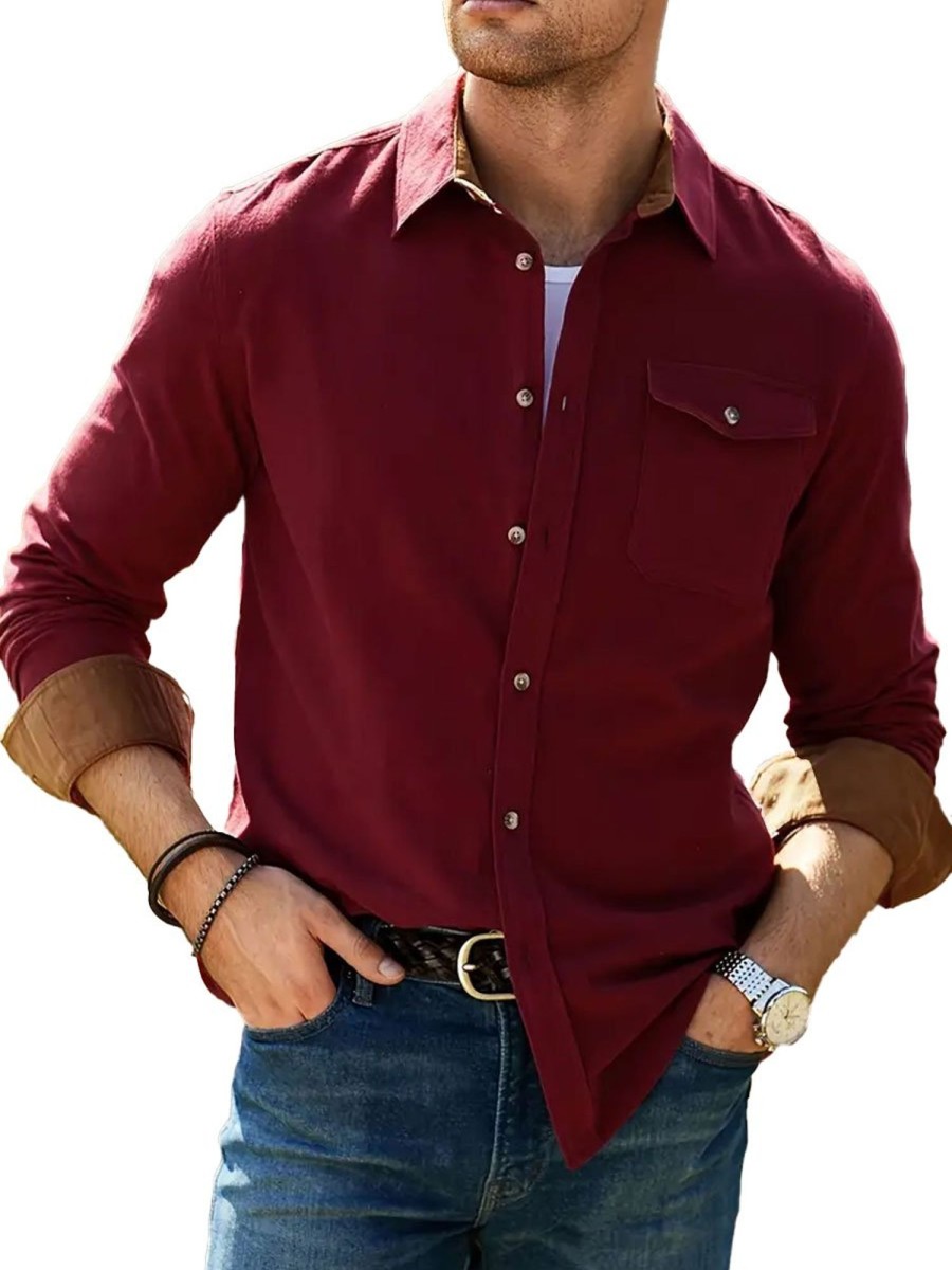 Men TH Casual Shirts | Men'S Casual Solid Color Long Sleeve Shirt Wine Red