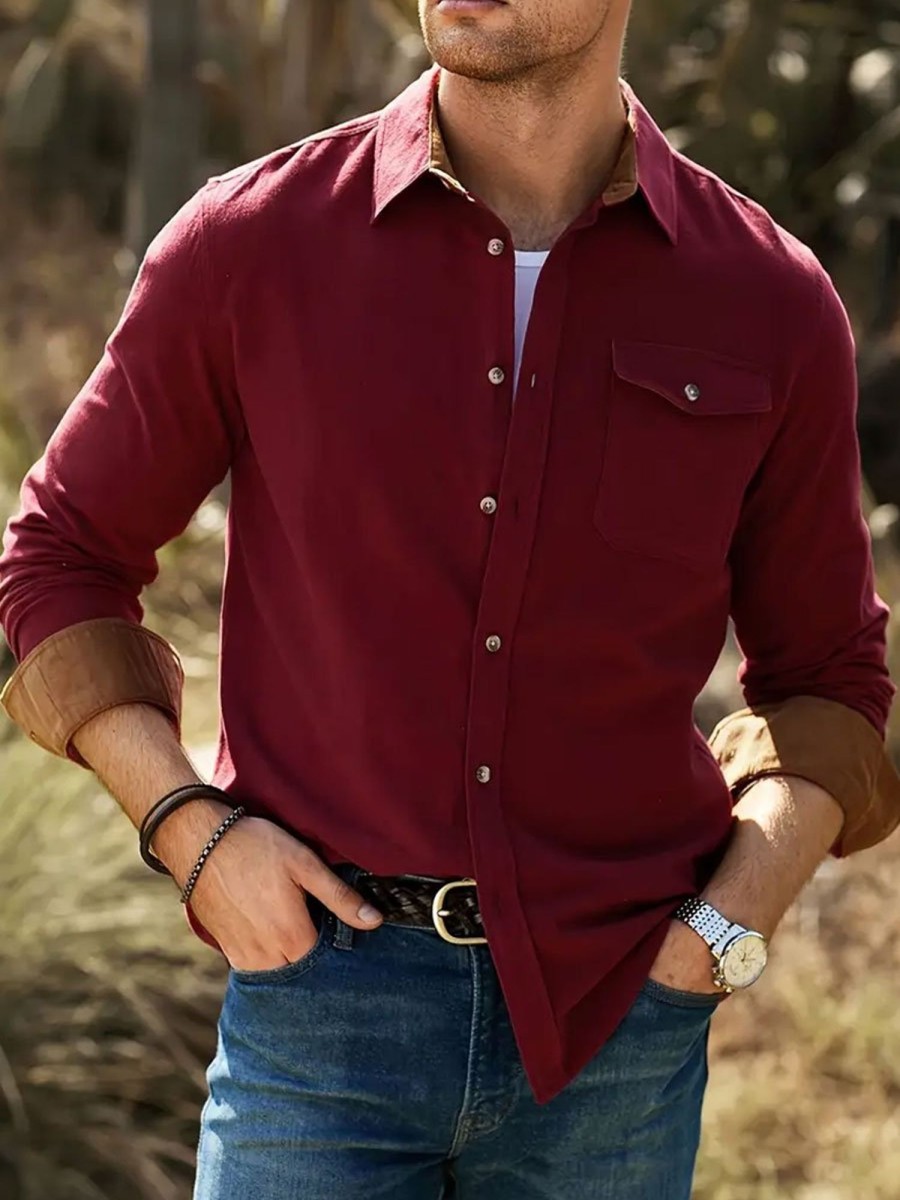 Men TH Casual Shirts | Men'S Casual Solid Color Long Sleeve Shirt Wine Red