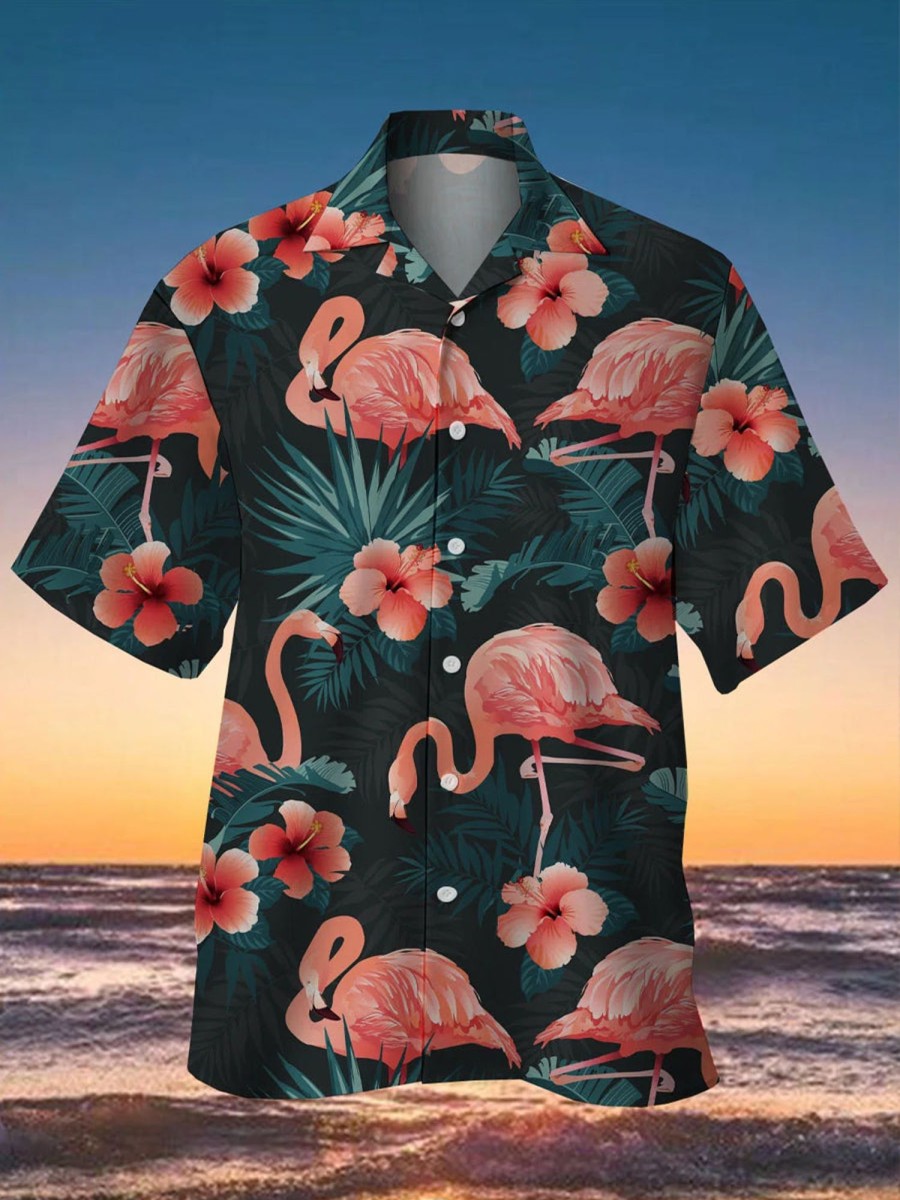 Men findercube Shirts | Men'S Flamingo Print Casual Breathable Hawaiian Short Sleeve Shirt Photo Color