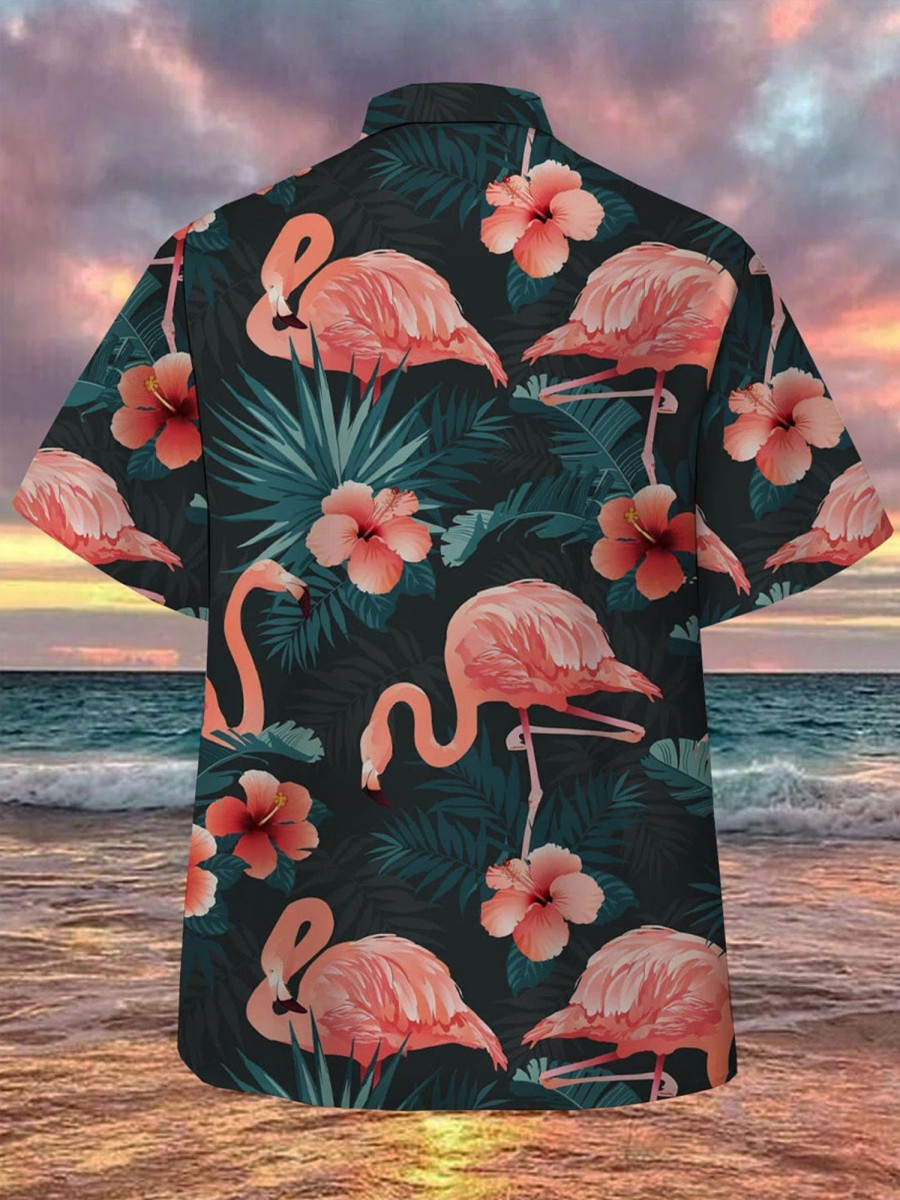 Men findercube Shirts | Men'S Flamingo Print Casual Breathable Hawaiian Short Sleeve Shirt Photo Color