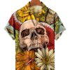 Men XT Shirts | Fun Skull Flower Print Short Sleeve Shirt 29394437X Orange