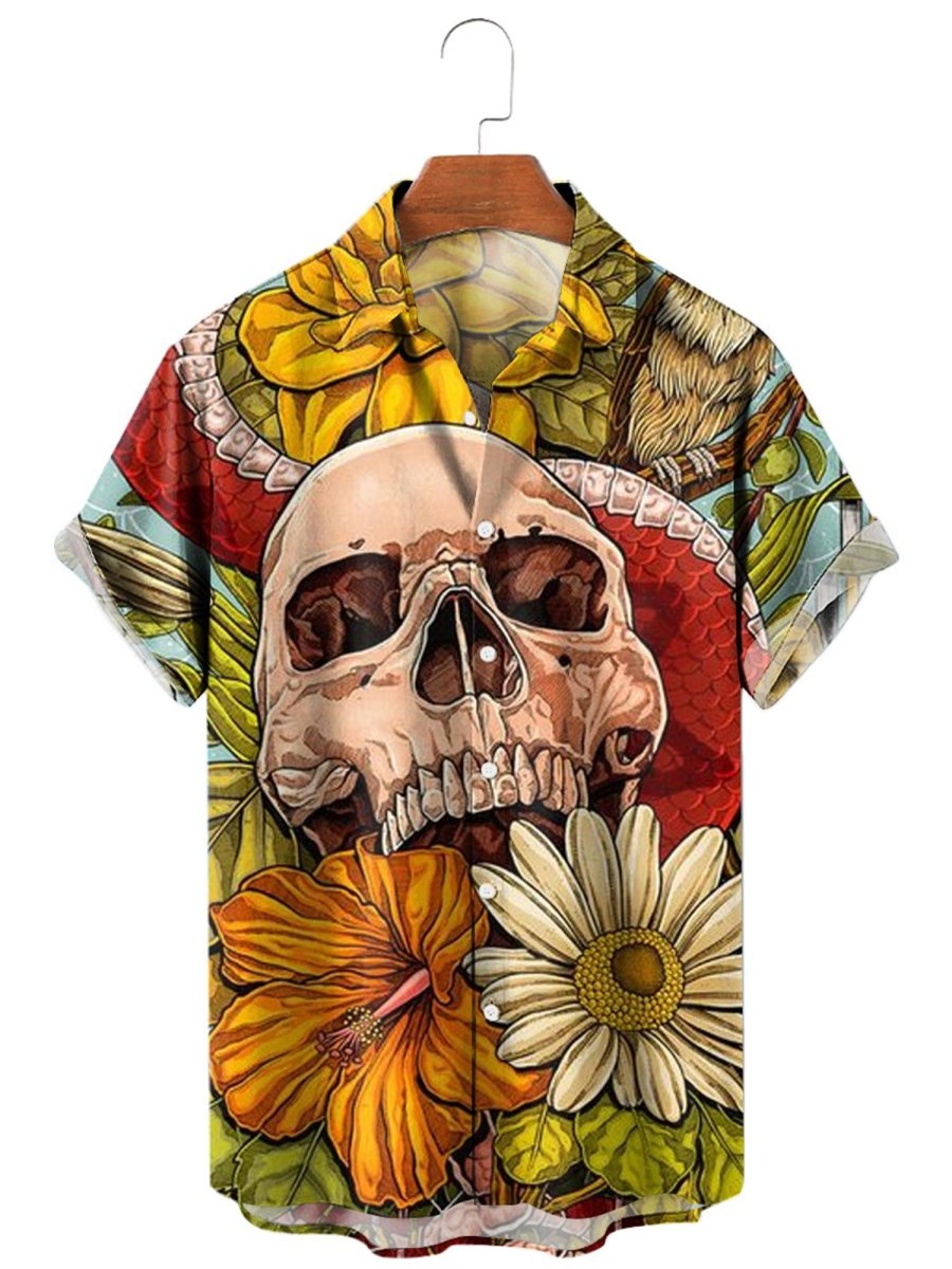 Men XT Shirts | Fun Skull Flower Print Short Sleeve Shirt 29394437X Orange