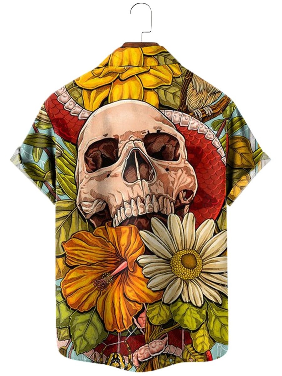 Men XT Shirts | Fun Skull Flower Print Short Sleeve Shirt 29394437X Orange