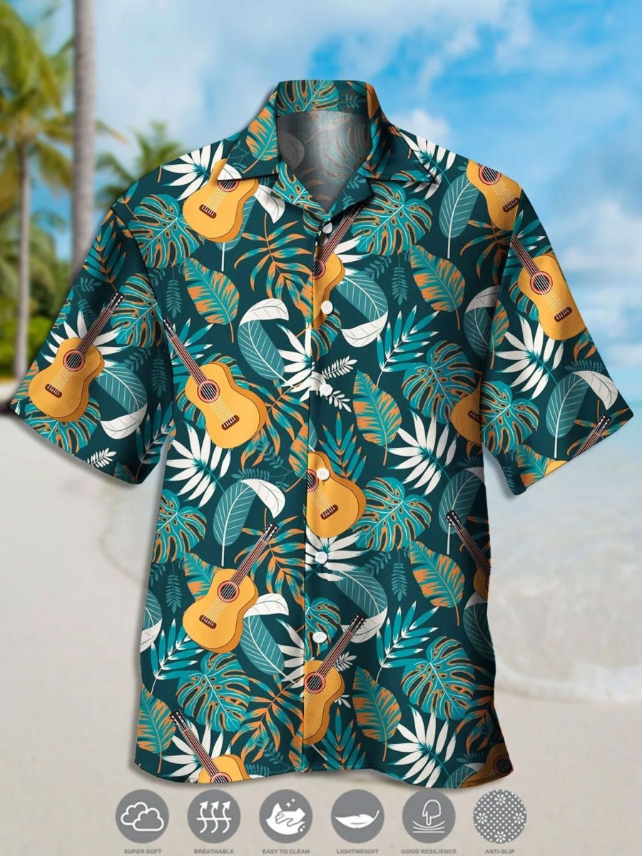 Men QX Shirts | Men'S Hawaiian Music Print Casual Breathable Short Sleeve Shirt Green