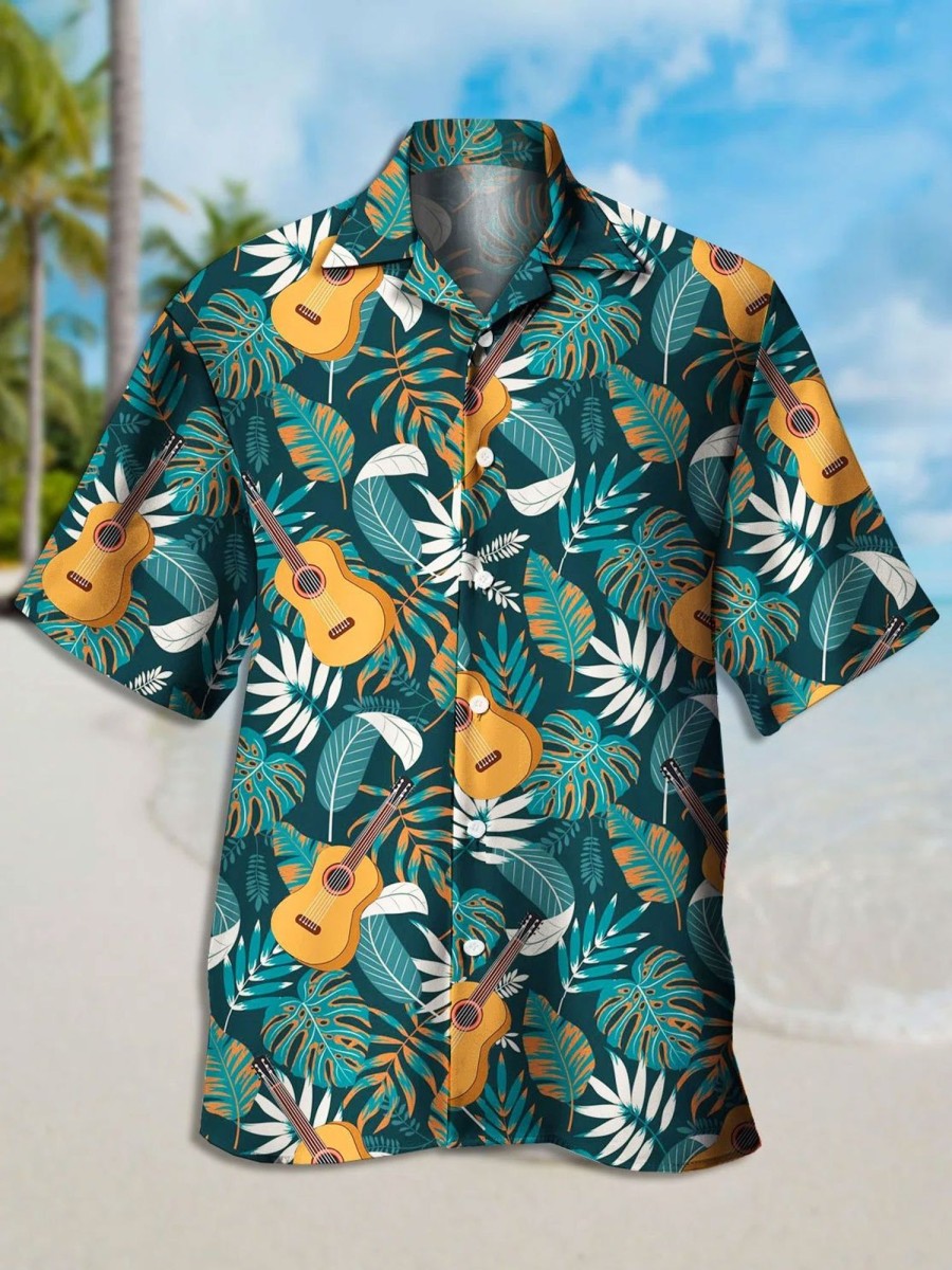 Men QX Shirts | Men'S Hawaiian Music Print Casual Breathable Short Sleeve Shirt Green