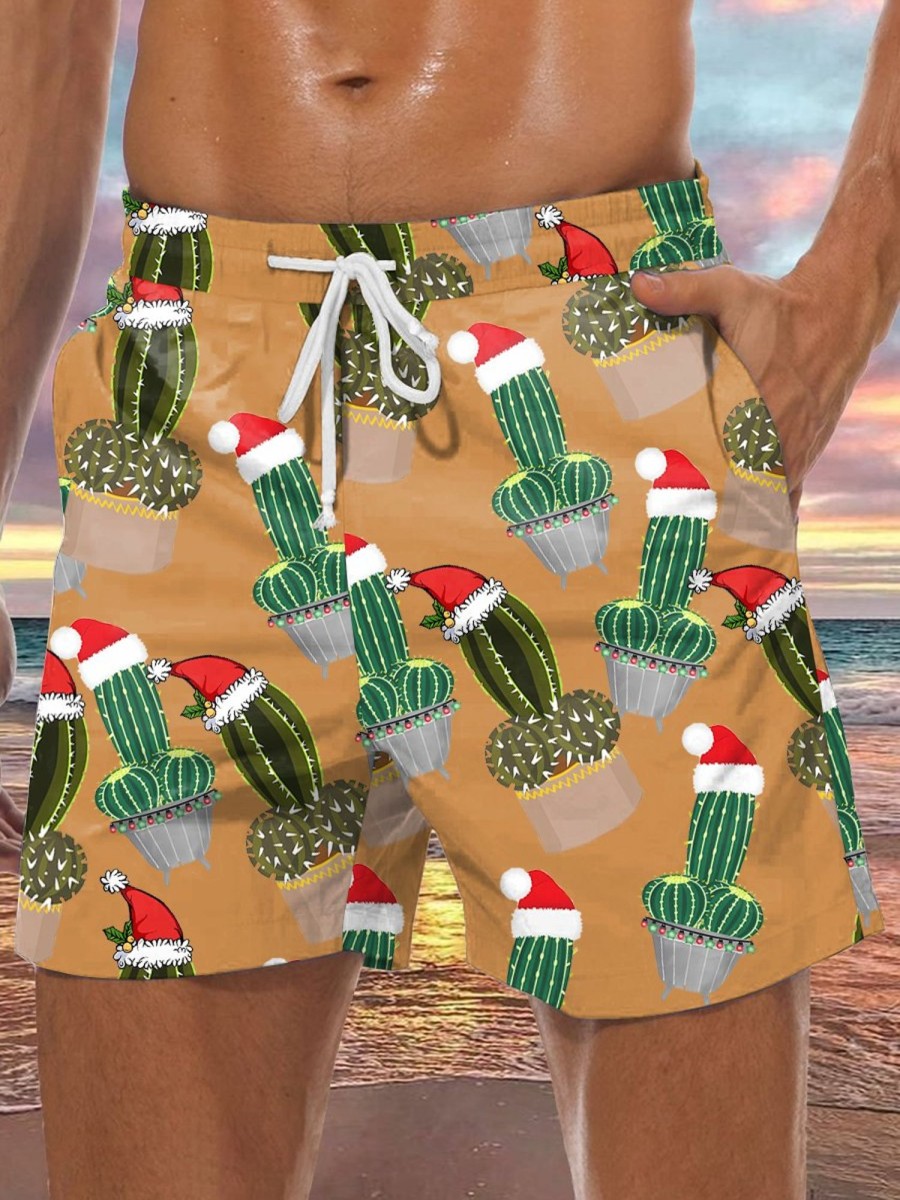 Men LJC Shorts | Santa Hat Cactus Print Track Shorts Photo Color