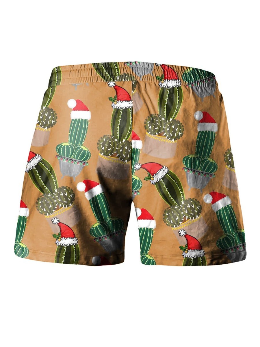 Men LJC Shorts | Santa Hat Cactus Print Track Shorts Photo Color