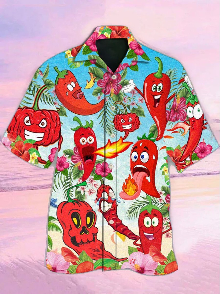 Men HWT Shirts | Fruit Chili Funny Chili Peppers - Hawaiian Shirt Blue