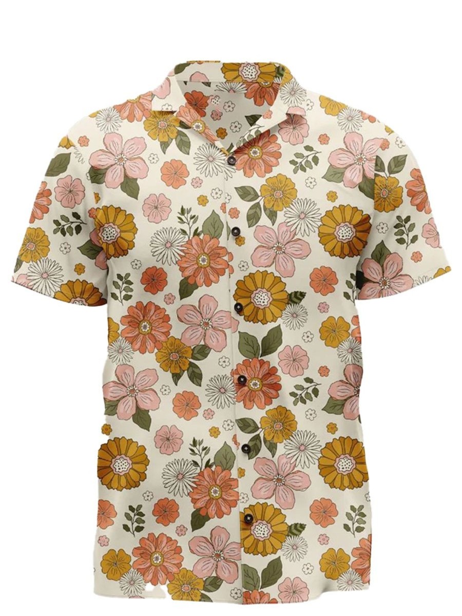 Men DJ Shirts | Vintage Botanical Floral Print Casual Short-Sleeved Shirt Orange